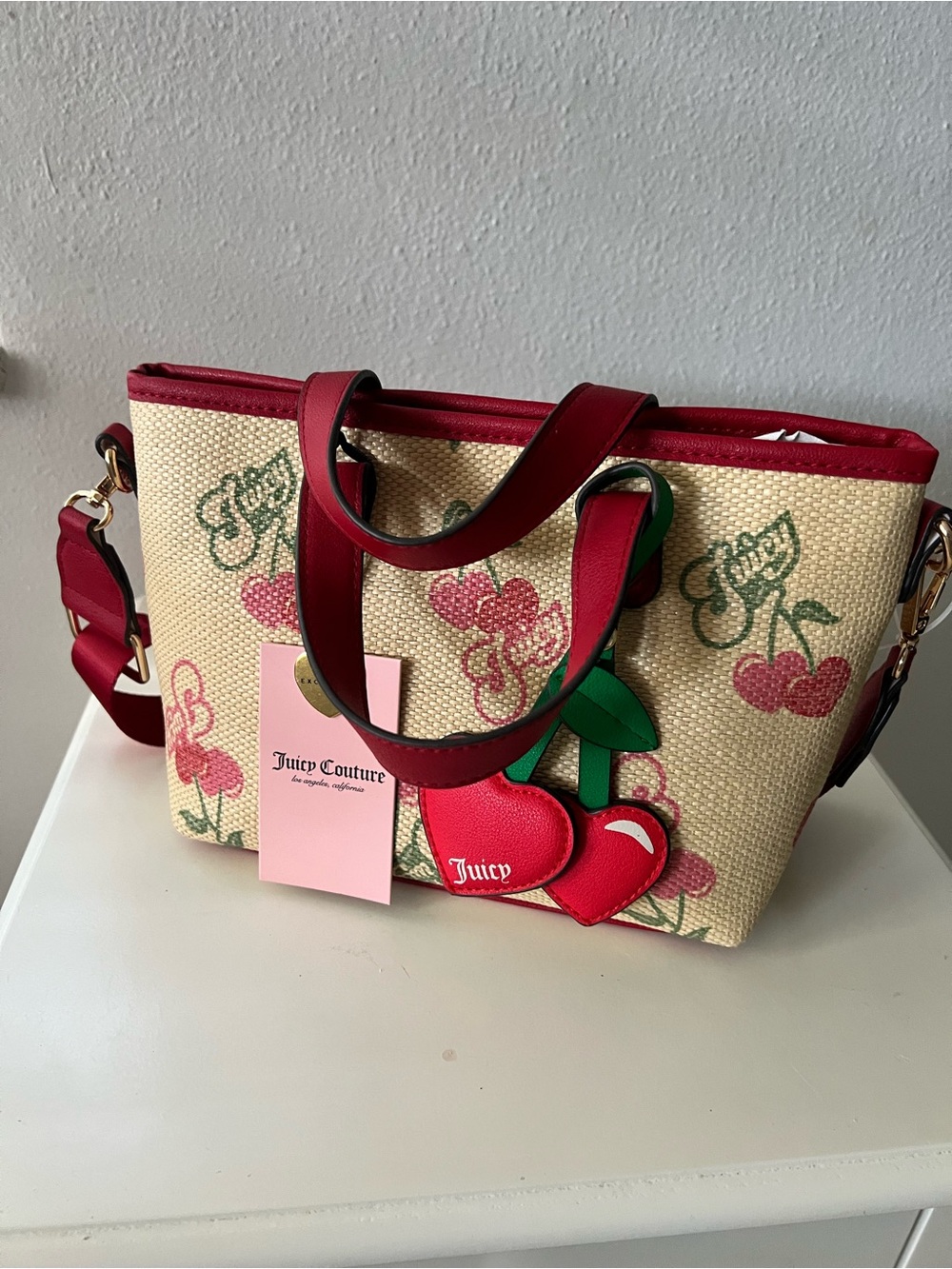 Juicy Couture Beige Canvas Cherry Print Tote with Red Trim